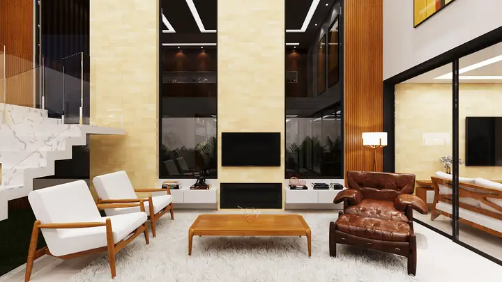 Sala de estar da Residência AF, imagem 3D