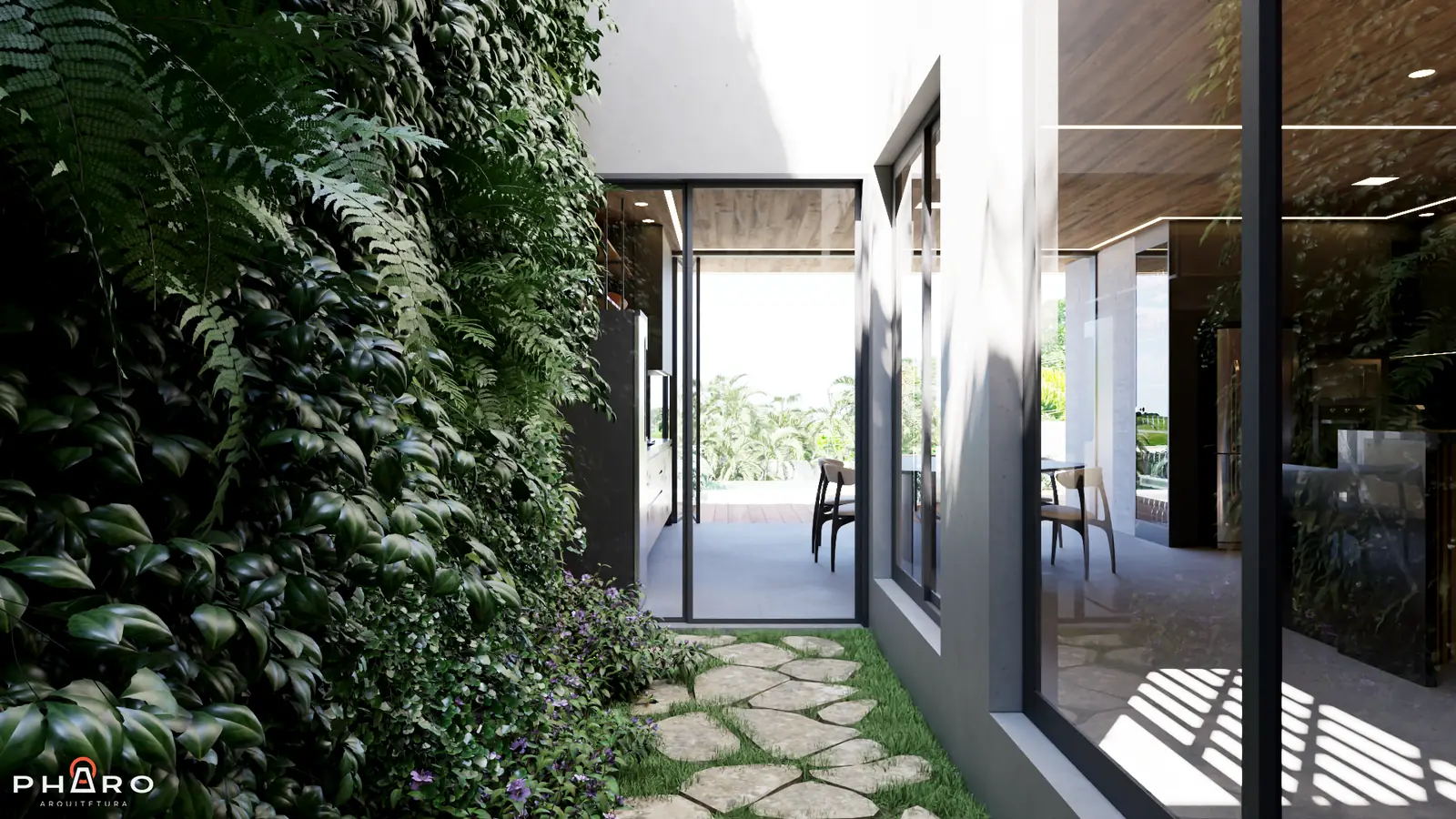 Jardim interno da Residência BG, imagem 3D